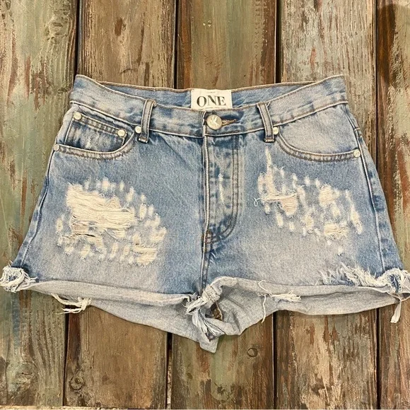 One Teaspoon Sz 5 (27) Denim Shorts Hawks High Rise Destroyed Ripped Butt - Picture 3 of 14